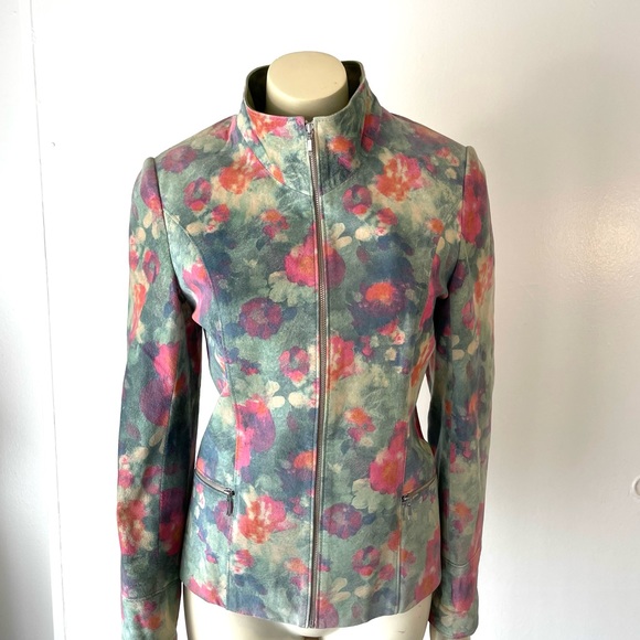 Augustina’s Leather Women’s Floral Multicolor Fully Lined Zip Jacket Sz. 8 - Picture 3 of 11